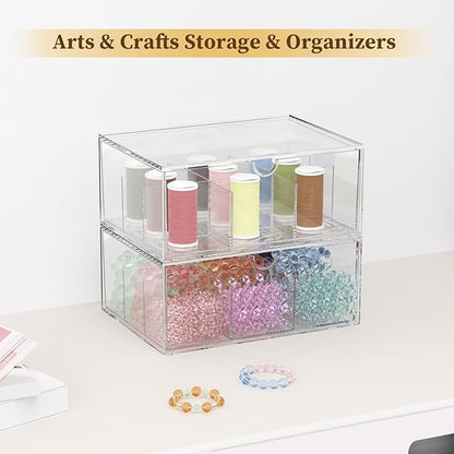 2 Pack Clear Tea Bag Organizer, Stackable Drawer Organizer with Dividers for Pantry Bathroom Vanity Kitchen - Cabinet Countertop Shelf Plastic Storage Bins for Coffee/Makeup/Cosmetic/Crafts/Jewelry
