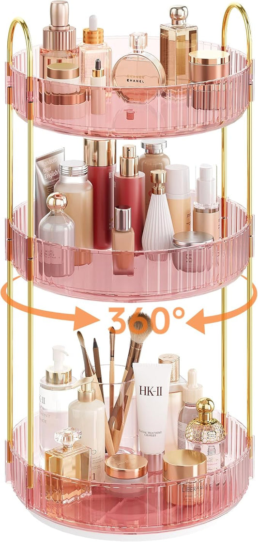 Rotating Makeup Organizer Countertop,Skincare Organizers,Spinning Perfume Tray Stand,Makeup Storage Organizer for Vanity,Bathroom Organizer and Storage,Lazy Susan,3 Tier,Pink