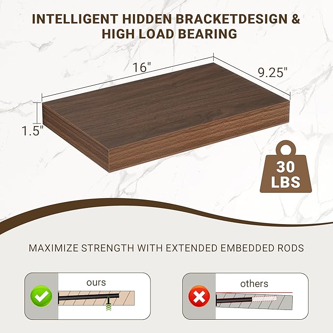 Acovy 16 Inch Floating Shelves, 16"x9.25"x1.5" Inch Deep Floating Shelves for Wall, Wooden Shelves for Bathroom, Bedroom, Living Room, Walnut, 2 Pieces