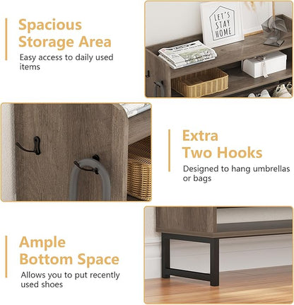 Shoe Cabinet with 2 Flip Drawers, Freestanding Hidden Shoe Storage Organizer for Entryway, Narrow Slim Shoe Rack Cabinet with Open Storage & Hooks for Front Door Entrance, Living Room, Hallway, Grey