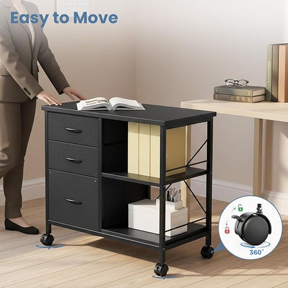 DUMOS 3-Tier Mobile File Cabinet, Printer Stand with Storage, Office Table with Drawers and Back Support Bar, Holds 110lb for Home Office, Rustic Black