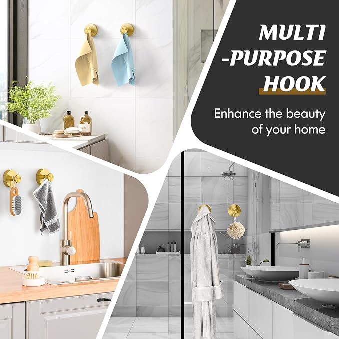MOTAIPEAK Suction Cup Hooks for Shower,Removable Shower Towel Suction Hooks for Bathroom Wall,Kitchen,Glass,Mirror,Tile to Hang Robes,Loofah-Gold(2-Pack)