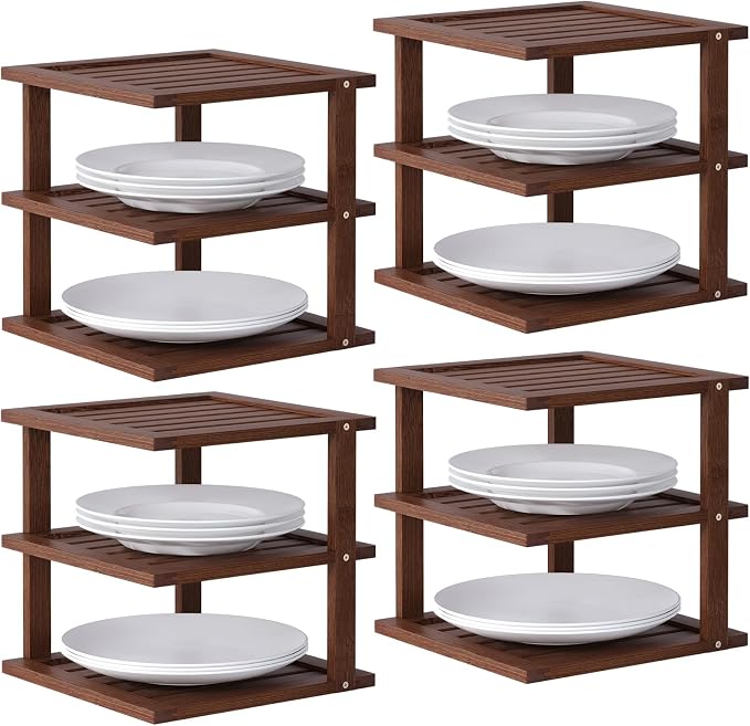 4 Pack Bamboo Corner Shelf,3 Tier Kitchen Cabinet Organizer for Plates and Dishes,Pantry Storage and Spice Rack（Brown）