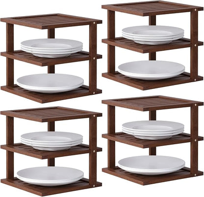 4 Pack Bamboo Corner Shelf,3 Tier Kitchen Cabinet Organizer for Plates and Dishes,Pantry Storage and Spice Rack（Brown）