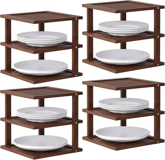 4 Pack Bamboo Corner Shelf,3 Tier Kitchen Cabinet Organizer for Plates and Dishes,Pantry Storage and Spice Rack（Brown）