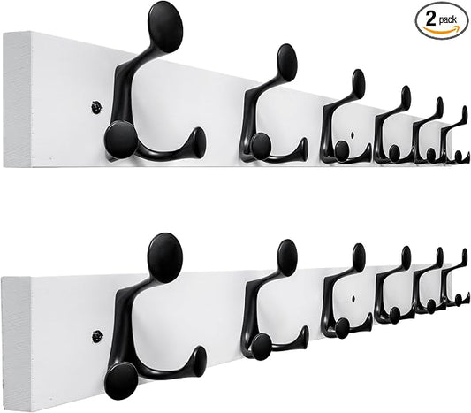 SKOLOO 36-Inch White Wood Coat Rack Wall Mount with 6 Triple Hooks - Ideal for Family Entrances, Classrooms, and Pet Supplies Storage - Perfect Coat Hooks for Wall, Pack of 2