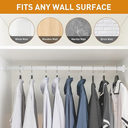 White Adjustable Closet Rod 18-92 Inches, Heavy Duty Metal Clothes Hanging Rod, Rust-Proof Non-Slip Wardrobe Bar for Closet, Laundry Room, RV