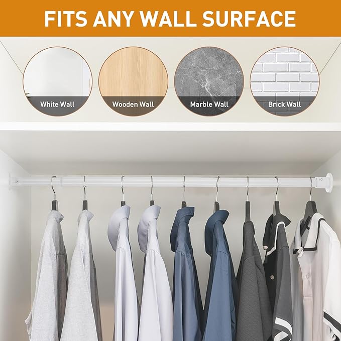 White Adjustable Closet Rod 18-63 Inches, Heavy Duty Metal Clothes Hanging Rod, Rust-Proof Non-Slip Wardrobe Bar for Closet, Laundry Room, RV