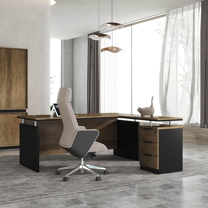 SAINTCY 63 Inch L-Shaped Executive Desk, Industrial Modern Wood Office Desk with 3 Drawers, Built-in Cable Management & Power Outlet, Real Wood Finish, Reversible Left/Right Return Home Workstation