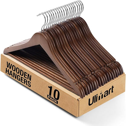 Wooden Hangers 10 Pack: Solid Shirt Hangers with Pants Bar, Heavy Duty & Slim Coat Hanger, for Suit Coat Jacket Pants (Walnut)