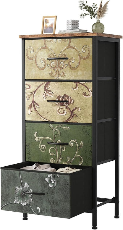 Sweetcrispy 4 Drawer Fabric Dresser Storage Tower Nightstand Chest | Small bedroom dresser and nightstand with sturdy frame,Perfect for closet,entryway,dorm,Easy assembly,Floral Painted