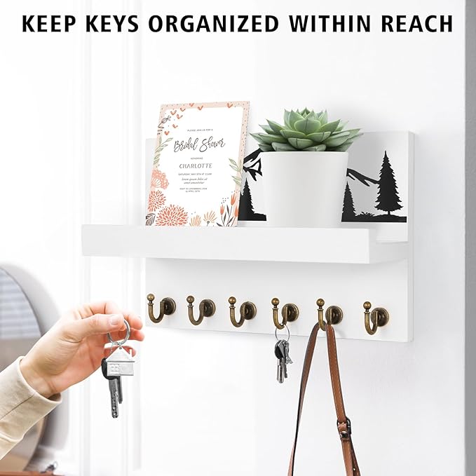 Decorative Key Holder for Wall, Cute Key Holder Wall Mount with 6 Hooks, Wood Key Hooks for Bags, Umbrella, Mail, Wallet and Dog Leash, Key Holder for Entryway Living Room Home Decor
