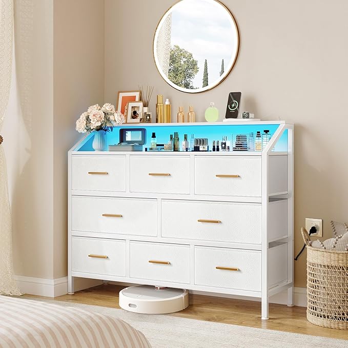 8-Drawer Fabric Dresser with Charging Station and LED Light, Modern Chest of Drawers for Bedroom, 45'' Triple-Wide Storage Cabinet for Closet, Living Room, and Entryway, Metal Handles