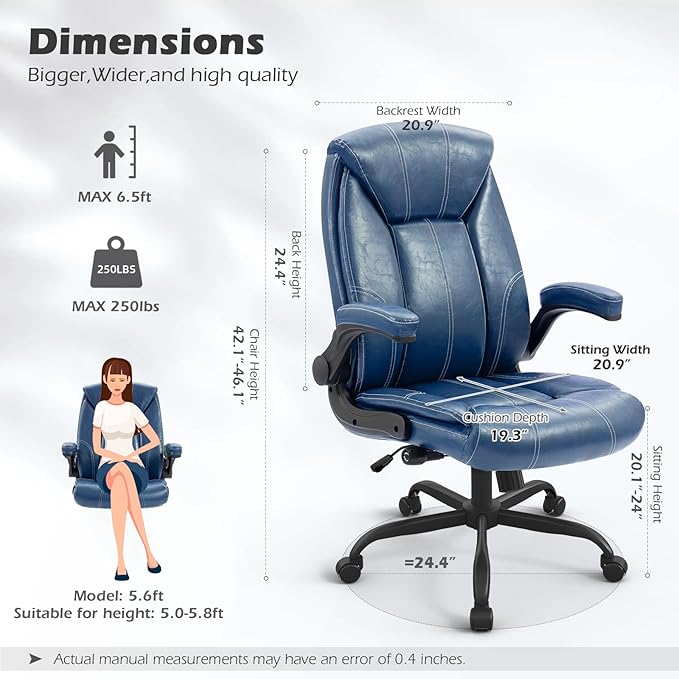 YAMASORO Executive Office Chair,Big and Tall Ergonomic Desk Chair with Adjustable Lumbar Support,Breathable PU Leather Computer Chair wih Flip-up Arms and Wheels,Navy Blue
