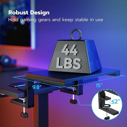 ARES WING Clamp-On Desk Extender & Monitor Shelf – 15" Space Booster, Freestanding or Clamp Mount, Holds 44 lbs, No Drill Desktop Organizer for Office/Gaming, Black