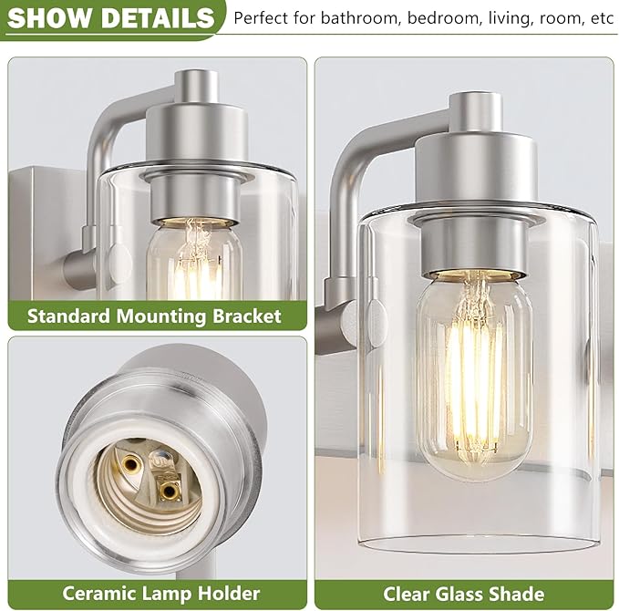 Brushed Nickel Bathroom Light Fixtures, Wall Mounted 2-Light Bathroom Lights Over Mirror with Clear Glass Shade,Wall Sconces for Kitchen Living Room Bedroom