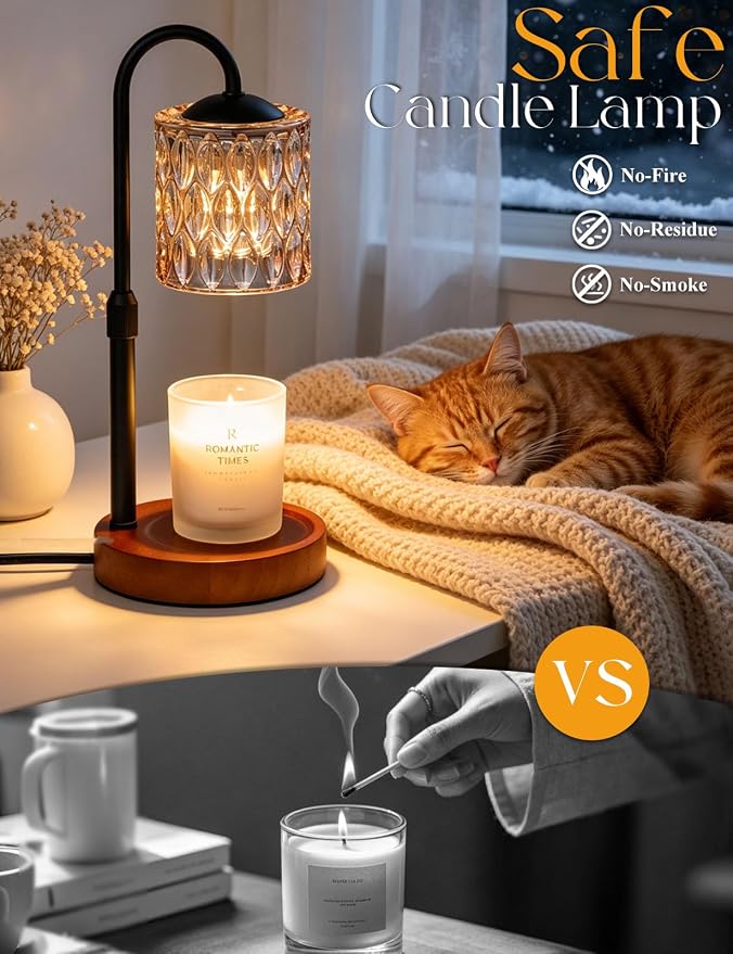 Briever Dimmable Candle Warmer Lamp with Timer, Height Adjustable Electric Candle Wax Warmer, Birthday Gifts for Women Mom, House Warming Gifts New Home Decor, Solid Wood Base, Walnut Champagne