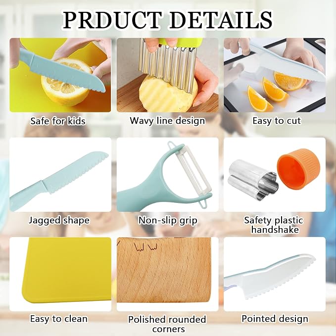 RISICULIS 11 Pieces Wooden Kids Kitchen Knife, Blue Kids Knife Set Include Wood Kids Knife, Serrated Edges Plastic Toddler Knife, Crinkle Cutter, Sandwich Cutter, Y Peeler, Cutting Board