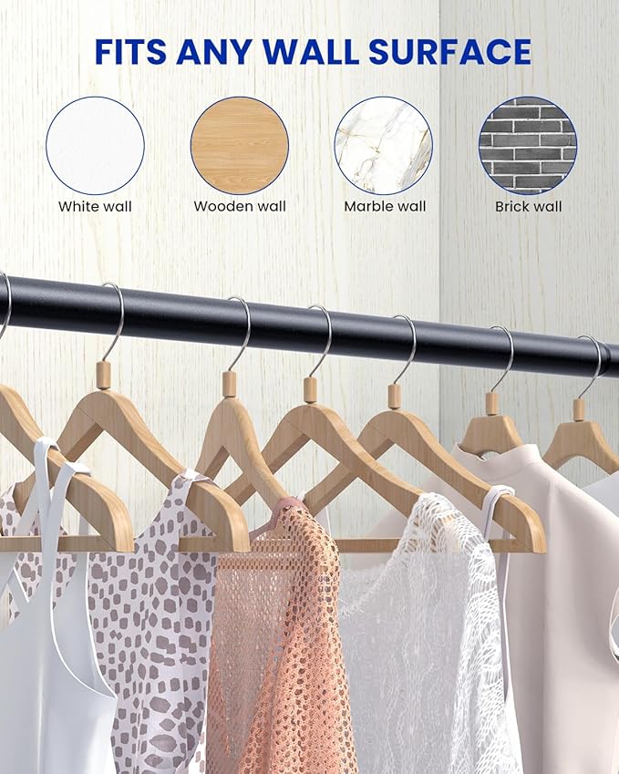 Closet Rods for Hanging Clothes, 17 to 69 Inches Stepless Adjustable Metal Closet Rod, 1.3 Inches Heavy Duty Clothes Hanging Rod for Closet Wardrobes Laundry RV, Black