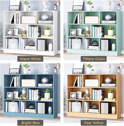 IOTXY Open Shelf Low Bookcase - Wooden 3-Tier Floor Standing Display Cabinet Organizer with Base, 8 Cubes Short Horizontal Bookshelf in Pear Yellow
