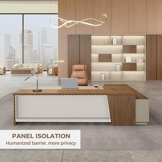 79" L Shaped Executive Desk with Lockable Drawers & Cabinet, Large Modern Executive Office Desk with Cable Management Box, Privacy Panel for Home Office (Champagne Wood Grain + Beige, Left)