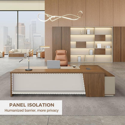 79" L Shaped Executive Desk with Lockable Drawers & Cabinet, Large Modern Executive Office Desk with Cable Management Box, Privacy Panel for Home Office (Champagne Wood Grain + Beige, Left)
