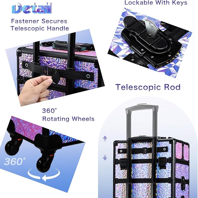 Stagiant Rolling Makeup Case Cosmetology Case on Wheels 4 in 1 Makeup Travel Case Extra Large Cosmetic Box with Key Make Up Artist Traveling Storage Nail Case Salon Barber Cart Trunk Shiny Purple