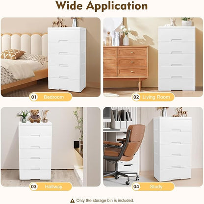 Plastic Dresser for Bedroom with 5 Drawers,Stackable Vertical Storage Tower, Small Dresser Chest of Drawers, Mobile Drawer Storage Cabinet with Wheels for Hallway Entryway,Bedroom Furniture (White)