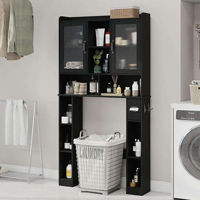 Vabches Over The Toilet Storage Cabinet, Farmhouse Storage Cabinet Over Toilet with Acrylic Doors, Adjustable Shelf, Home Space-Saving Toilet Rack, for Bathroom, Restroom, Laundry