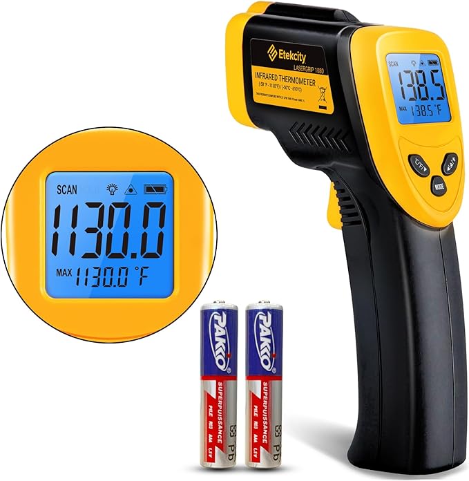 Etekcity Infrared Thermometer Laser Temperature Gun 1080, -58°F~ 1130°F for Meat Food Candy Pizza Oven, Heat Gun for Cooking, Kitchen, Fridge, Reptile, BBQ, HAVC, Adjustable Emissivity & Max Measure