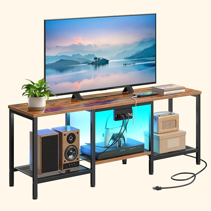 HOOBRO TV Stand with Charging Station to 55 Inches, LED Entertainment Center, Media TV Console Table with Open Storage Shelving for Living Room, Bedroom, Rustic Brown and Black BF122UDDS01