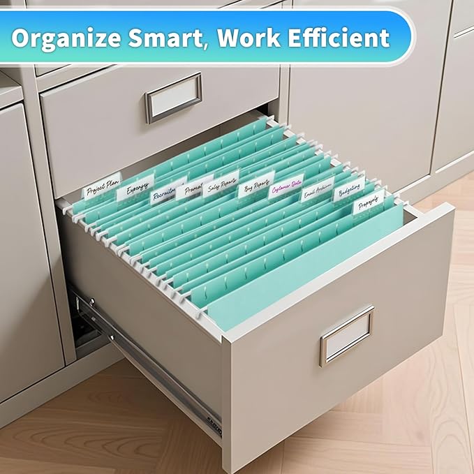 25-Pack Hanging File Folders,Letter Size,Includes 35 Transparent Label Cards & 50 Sticker Labels,1/5-Cut Tabs for Home & Office Organization(25, Aqua)