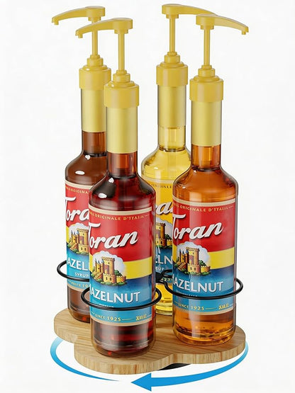THYGIFTREE Rotating Coffee Syrup Organizer 4 Bottles Syrup Rack Dispenser16.9oz for Countertop Wood Bottle Holder Stand for Coffee Bar Station