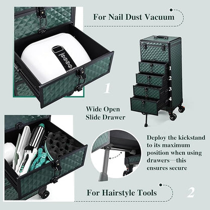 Yueieoun Nail Salon Cart with 4 Drawers,Rolling Makeup Train Case for Beauty,Cosmetology Case on Wheels Trolley Cart,Lockable Organizer Travel Case for Manicure/Face Painting/Hairstylist,DARK GREEN