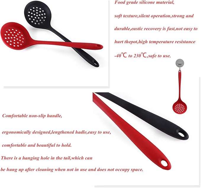 Silicone Skimmer Spoon Set 2, Non-Stick Cooking Slotted Colander Spoon Skimmer Strainer, Kitchen Sink Ladle Strainer Silicone Filter Spoon with Long Handle,Red and Black 32.5X10CM