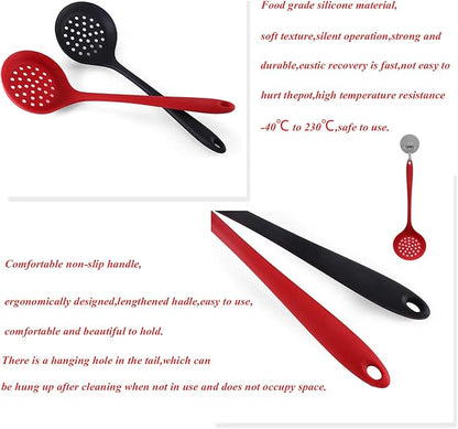 Silicone Skimmer Spoon Set 2, Non-Stick Cooking Slotted Colander Spoon Skimmer Strainer, Kitchen Sink Ladle Strainer Silicone Filter Spoon with Long Handle,Red and Black 32.5X10CM