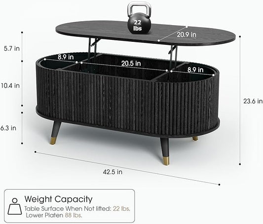 JOINICE 42.5" Oval Lift Top Coffee Table with Storage,Modern Black Center Table with Fluted Design, Solid Wood Legs & Hidden Compartment, Pop Up Coffee Table for Living Roomm