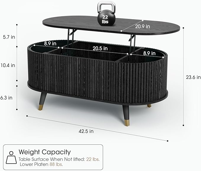 SULIVES Oval Coffee Table with Storage, Multifunctional Coffee Table with Lifting Top, Small Fluted Center Table for Living Room, Black