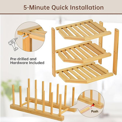 Bamboo Plate Holder Set,3 Tier Corner Shelf & Vertical Plate Stand,Sustainable Dish Organizer for Cabinet,Countertop,Small Space Organization,Durable Dish Rack for Cups,Cutting Boards ,Books - 2 Set
