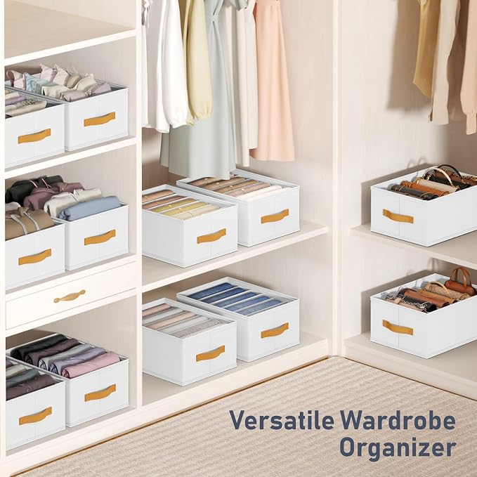 DIMJ Wardrobe Clothes Organizer - 4/5/7 Grids Foldable Closet Drawer Organizer Dividers for Jeans, Pants, Sweater, T Shirt, Storage Bins with Handles for Shelf