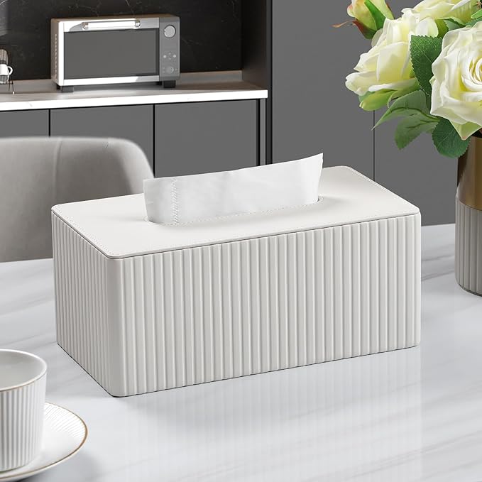 MEIBOOCH PU Leather Tissue Box Cover for 120(3-Ply)/ 160(2-Ply) Count Box of Tissues, Rectangle Tissue Box Holder for Bathroom Bedroom Living Room Office (Ivory Stripe)