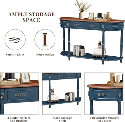 HMFULE Retro Curved Console Table, 52" Half Moon Sofa Entryway With 2 Drawers 1 Open Shelf, Solid Pine Legs for Living Room, Hallway, Navy Blue