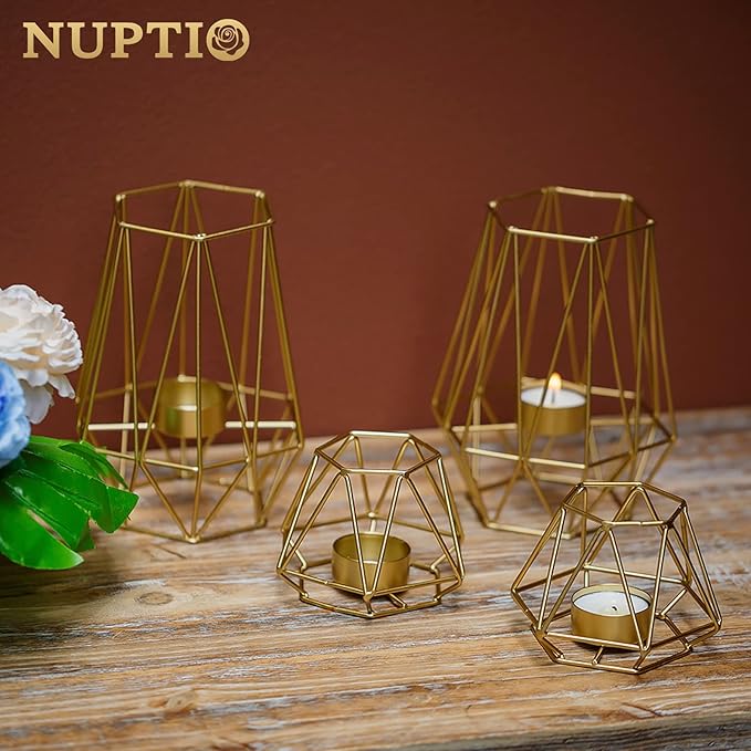 2 Pcs Metal Hexagon Shaped Geometric Design Tea Light Votive Candle Holders, Iron Hollow Tealight Candle Holders for Vintage Wedding Home Decoration, Gold (S + L)