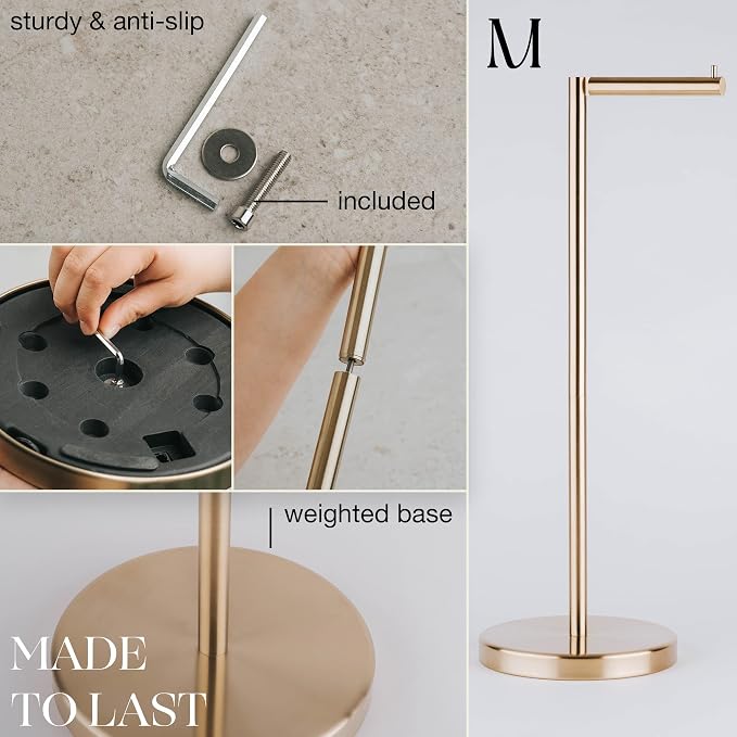 MARMOLUX ACC Free Standing Toilet Paper Holder Stand with Storage for 4 Rolls of Toilet Tissue for Bathroom, Stainless Steel Luxury Brushed Gold, 1pc - Bathroom Sets - Toilet Paper Storage