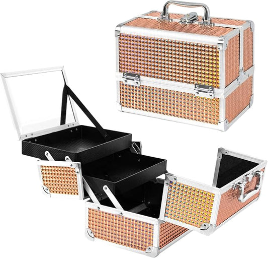 Makeup Train Case, Large Makeup Case with Mirror and Lock, Portable Makeup Box Organizer, 2 Trays Make Up Storage for Travel, Vanity, Cosmetics, Rose Gold