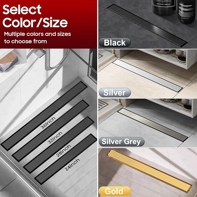 DLONE Linear Shower Drain | 28" AISI 304 Stainless Steel Linear Drain, Matte Black Shower Drain with Tile Insert Panel & Adjustable Feet, Long Rectangle Shower Floor Drain in Bathroom, Balcony, etc