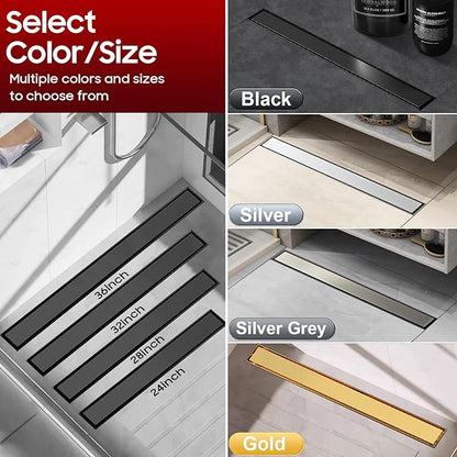 DLONE Linear Shower Drain | 28" AISI 304 Stainless Steel Linear Drain, Matte Black Shower Drain with Tile Insert Panel & Adjustable Feet, Long Rectangle Shower Floor Drain in Bathroom, Balcony, etc