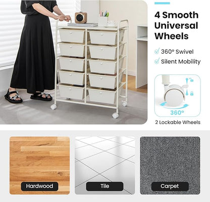 Giantex 10 Drawers Rolling Cart, Classroom Organizers, Storage Cart with Wheels, for Teacher Office Home School Supplies Tool Craft Art Paper, Ivory Color