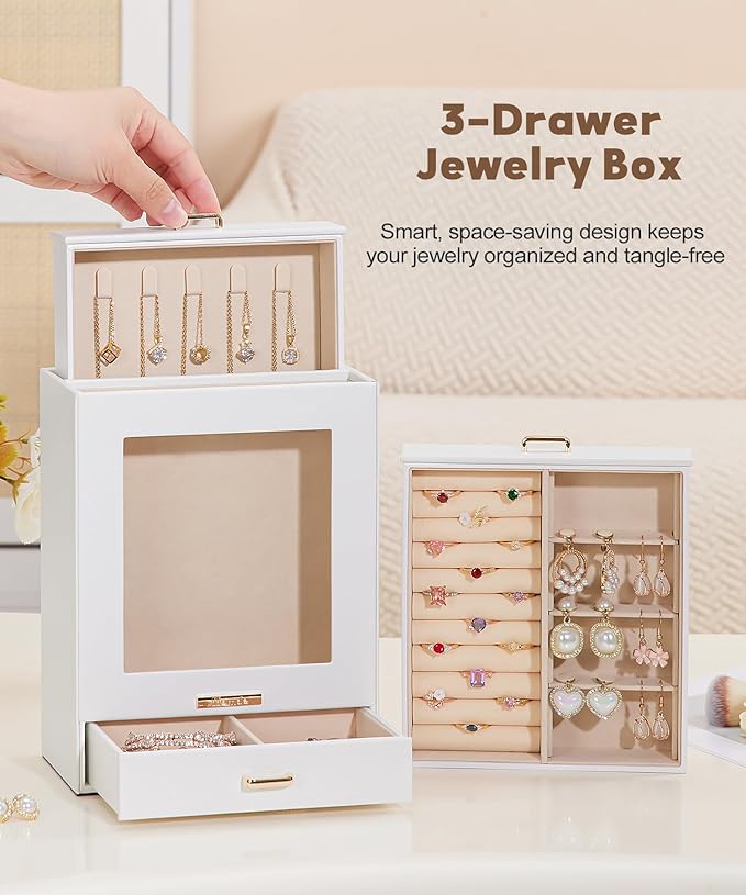 Homde Jewelry Organizer Girls Women Jewelry Box for Necklaces Rings Earrings Gift Bracelets Storage Case (White + Gold)