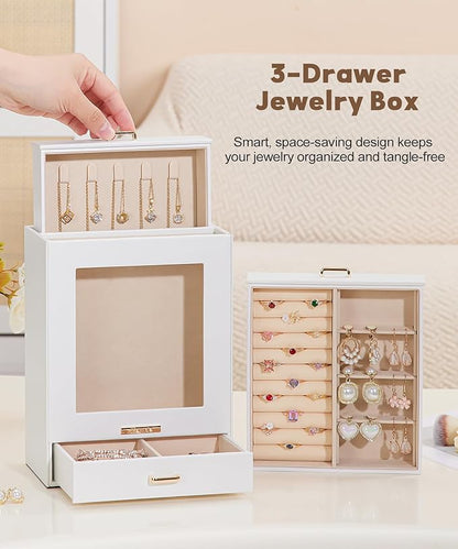 Homde Jewelry Organizer Girls Women Jewelry Box for Necklaces Rings Earrings Gift Bracelets Storage Case (White + Gold)